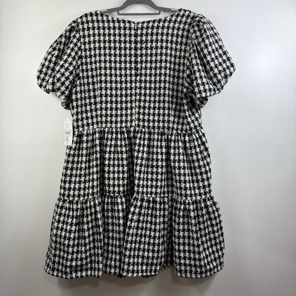 New Arula 1X Black White Gingham Plaid Babydoll Mini Dress Puff Sleeve Preppy - Picture 11 of 13